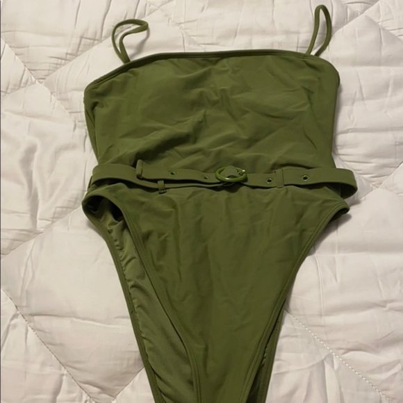 F21 Olive Green Belted High Leg One Piece Swimsuit - Picture 5 of 16